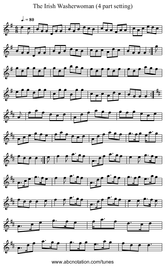 The Irish Washerwoman (4 part setting) - staff notation