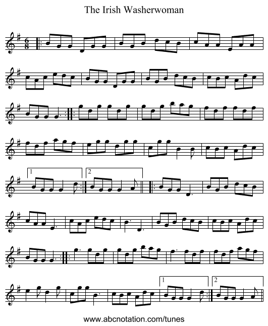 The Irish Washerwoman - staff notation
