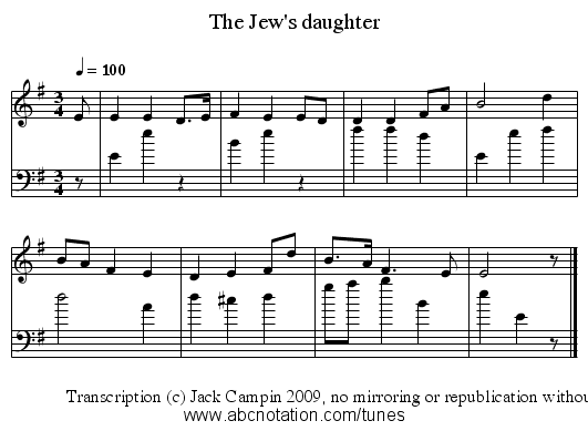 The Jew's daughter - staff notation