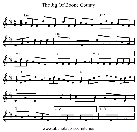 The Jig Of Boone County - staff notation