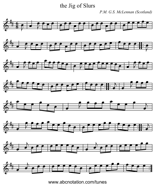the Jig of Slurs - staff notation