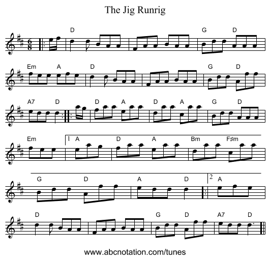 The Jig Runrig - staff notation