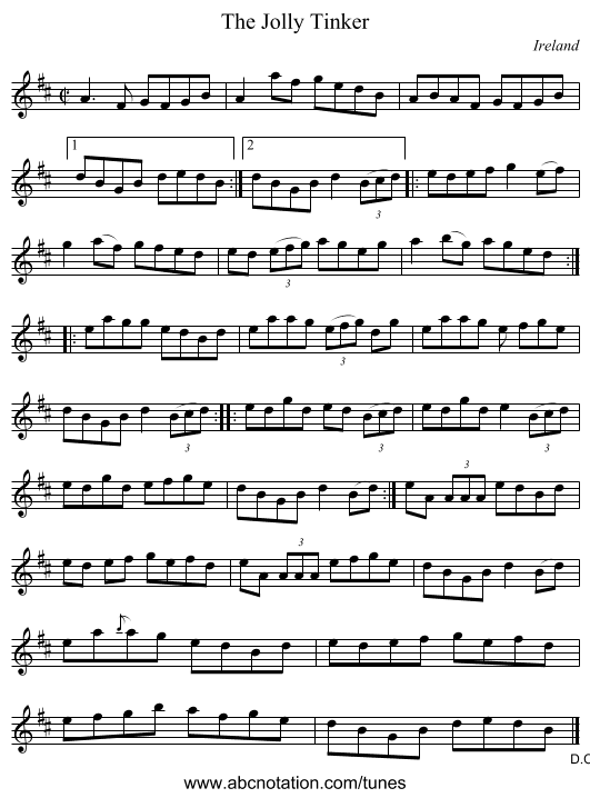 The Jolly Tinker - staff notation