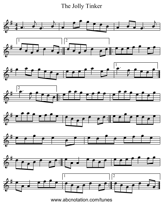 The Jolly Tinker - staff notation