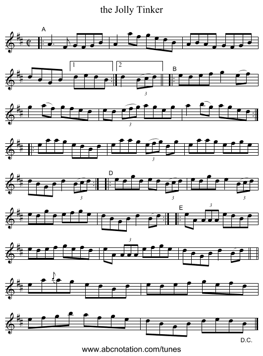 the Jolly Tinker - staff notation