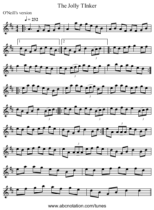 The Jolly TInker - staff notation