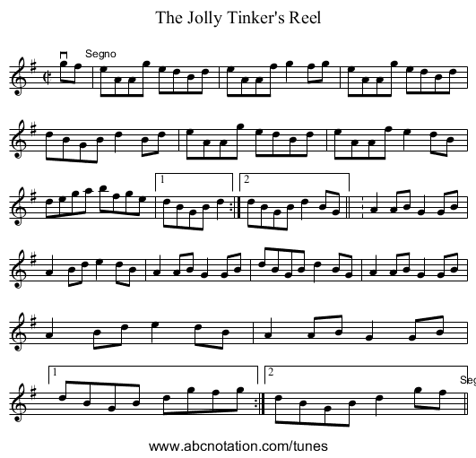 The Jolly Tinker's Reel - staff notation