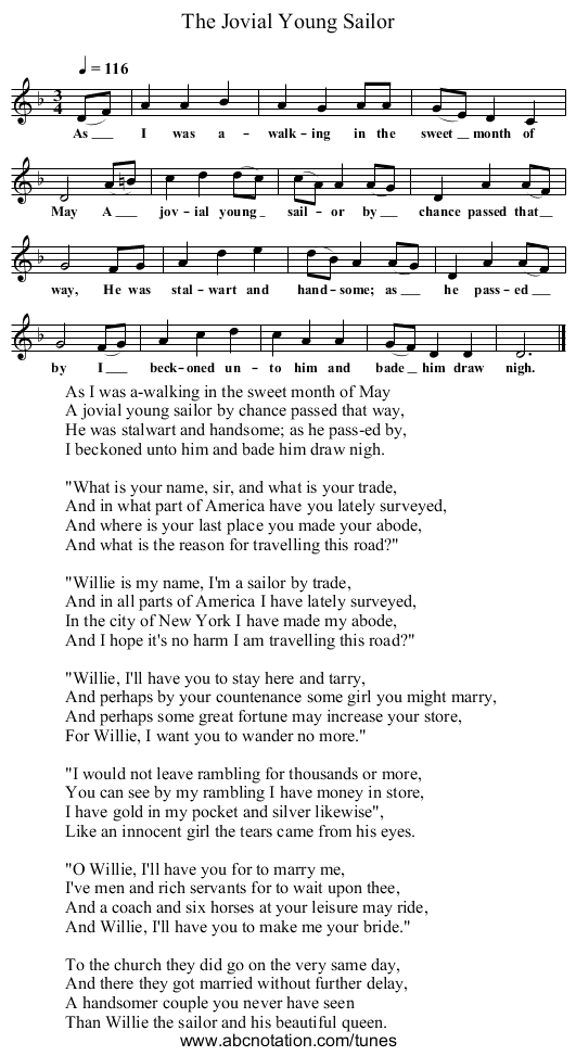 The Jovial Young Sailor - staff notation