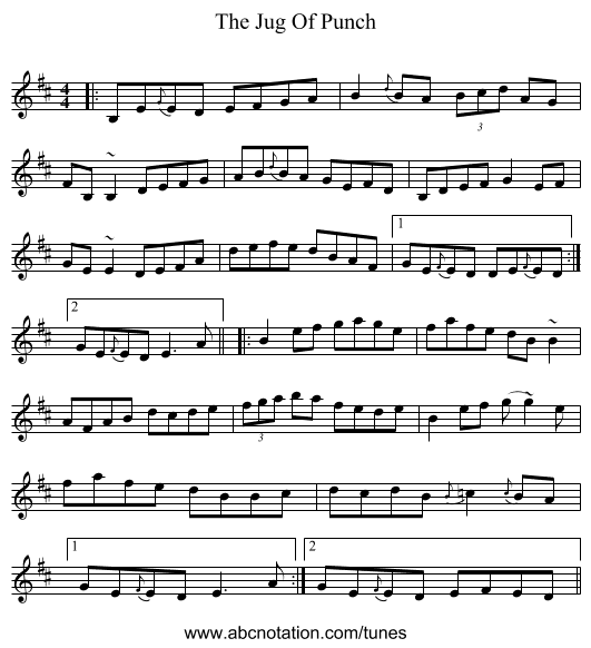 The Jug Of Punch - staff notation