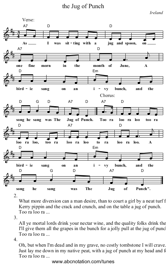 the Jug of Punch - staff notation