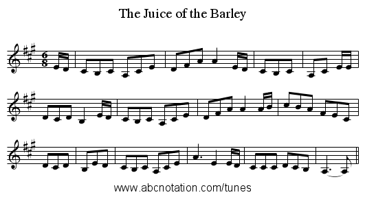 The Juice of the Barley - staff notation