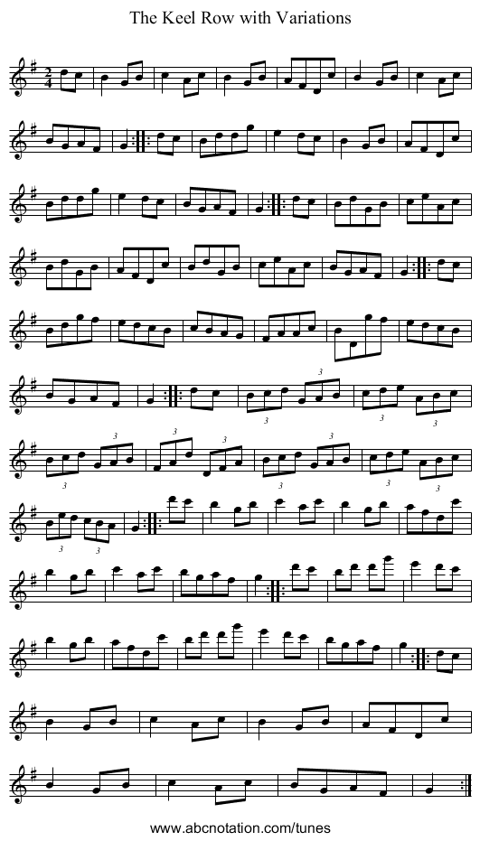 The Keel Row with Variations - staff notation