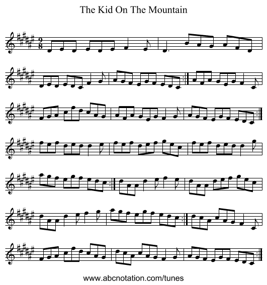 The Kid On The Mountain - staff notation