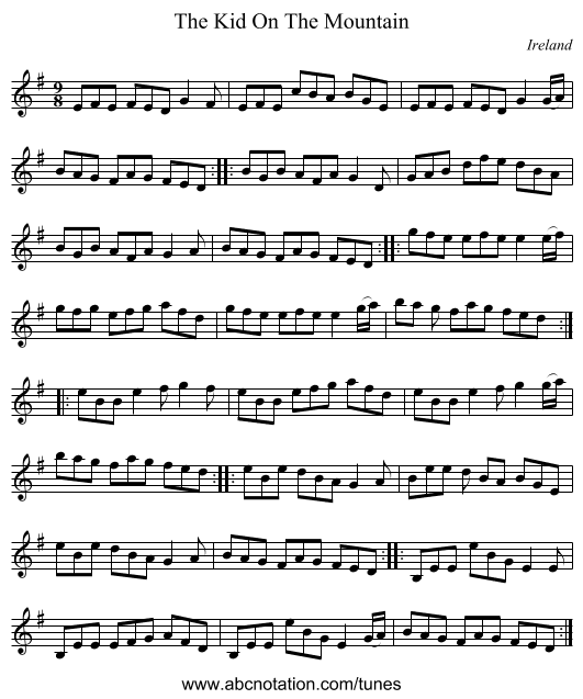 The Kid On The Mountain - staff notation