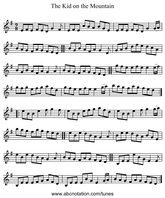 The Kid on the Mountain - staff notation