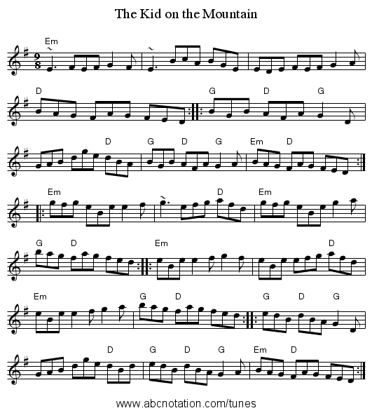 The Kid on the Mountain - staff notation