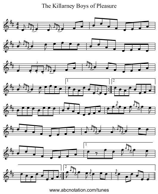 The Killarney Boys of Pleasure - staff notation