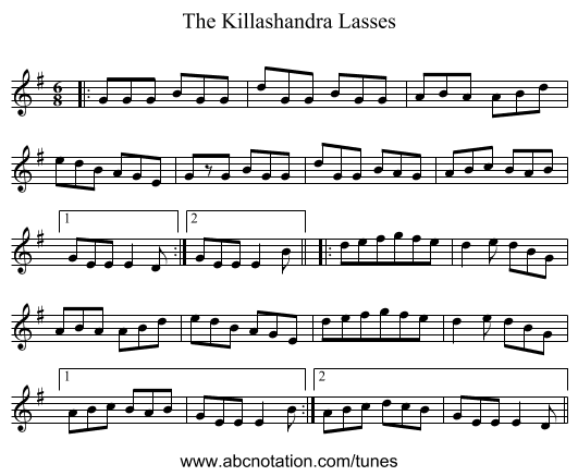 The Killashandra Lasses - staff notation
