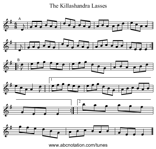 The Killashandra Lasses - staff notation