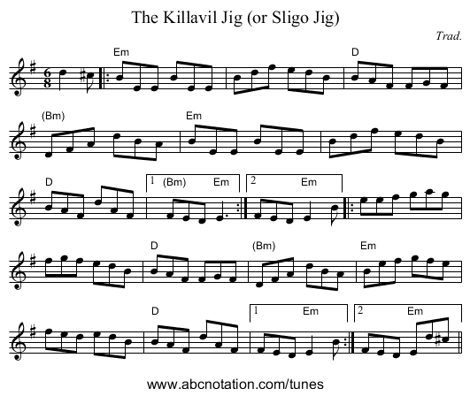The Killavil Jig (or Sligo Jig) - staff notation