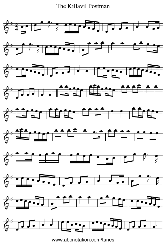The Killavil Postman - staff notation