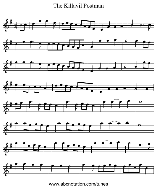 The Killavil Postman - staff notation