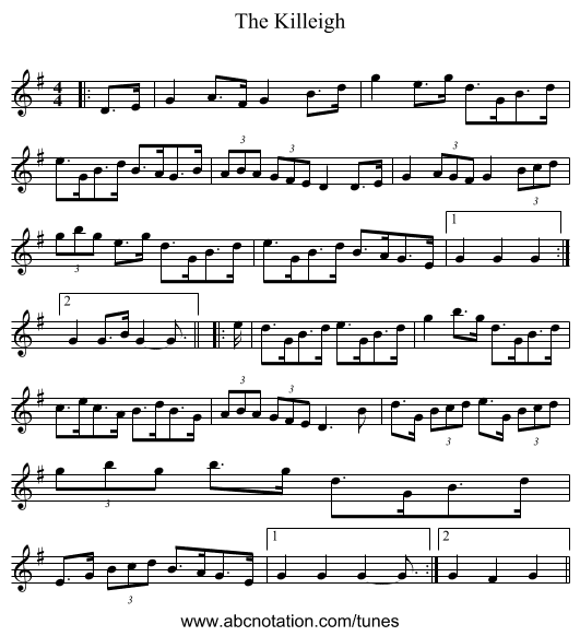 The Killeigh - staff notation