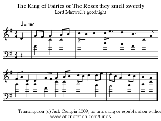 The King of Fairies or The Roses they smell sweetly - staff notation