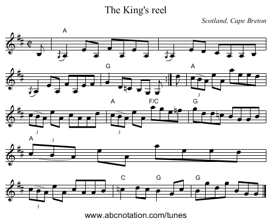 The King's reel - staff notation