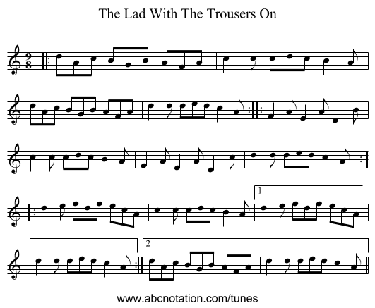 The Lad With The Trousers On - staff notation