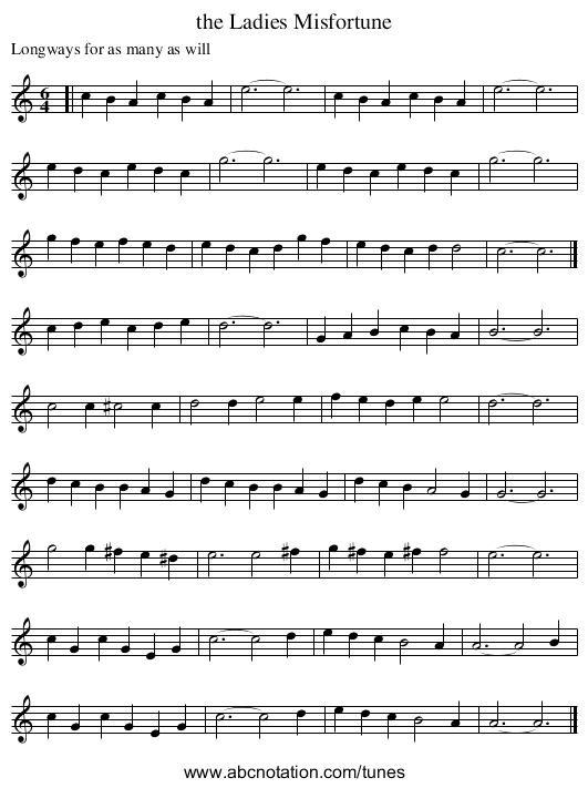 the Ladies Misfortune - staff notation