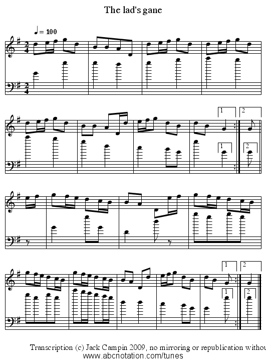 The lad's gane - staff notation
