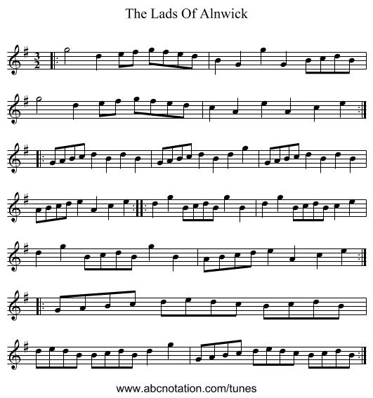 The Lads Of Alnwick - staff notation