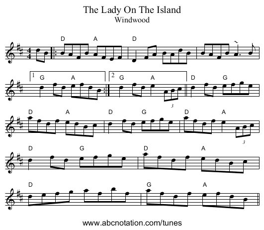 The Lady On The Island - staff notation