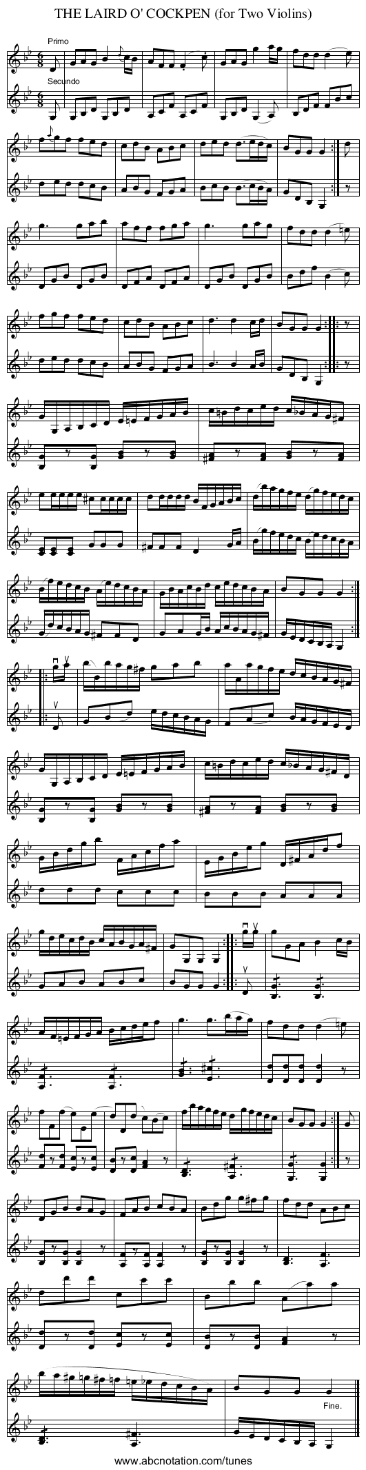 THE LAIRD O' COCKPEN (for Two Violins) - staff notation