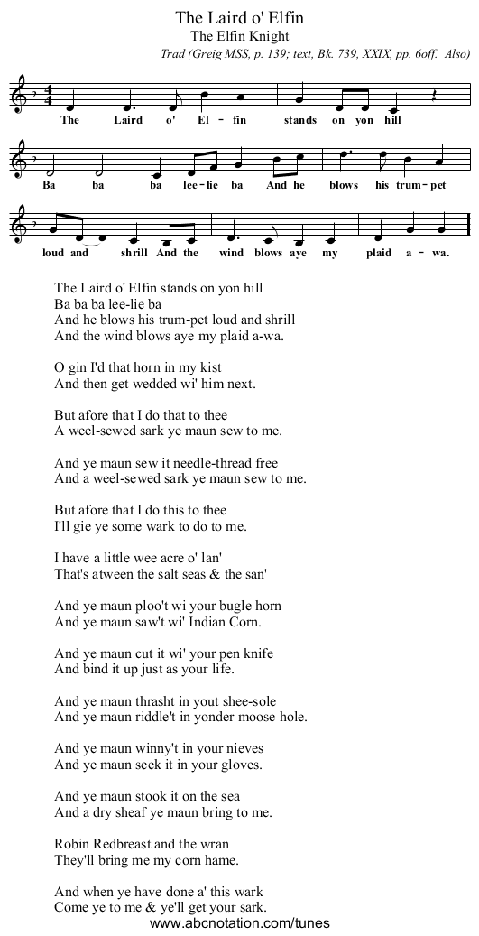 The Laird o' Elfin - staff notation