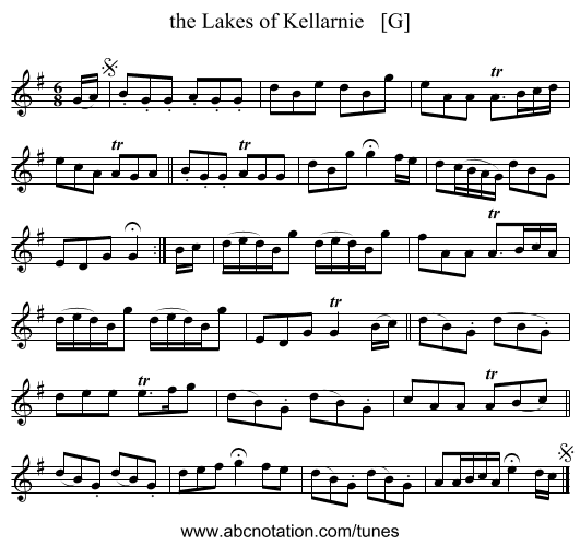 the Lakes of Kellarnie   [G] - staff notation