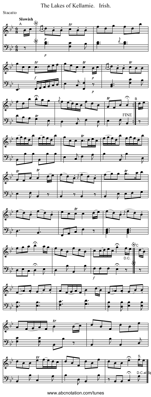 The Lakes of Kellarnie.   Irish. - staff notation