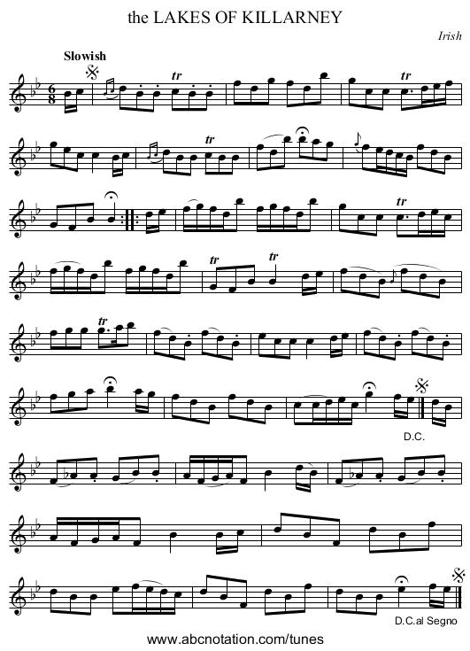 the LAKES OF KILLARNEY - staff notation