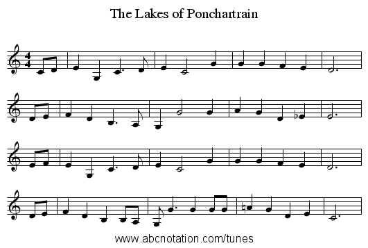 The Lakes of Ponchartrain - staff notation