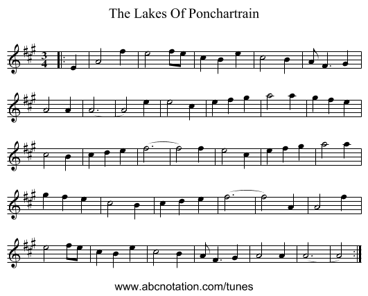 The Lakes Of Ponchartrain - staff notation