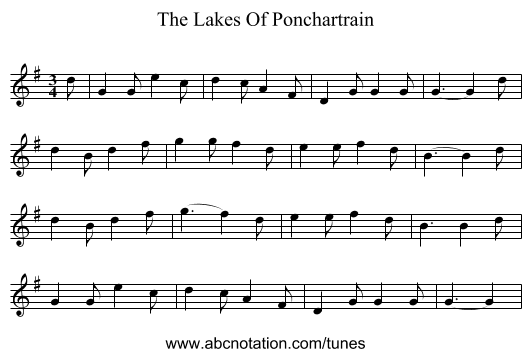 The Lakes Of Ponchartrain - staff notation
