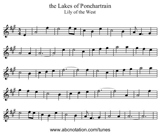 the Lakes of Ponchartrain - staff notation