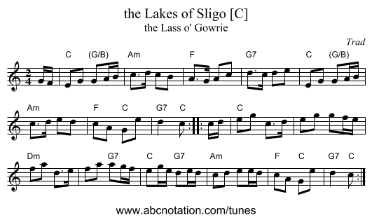 the Lakes of Sligo [C] - staff notation