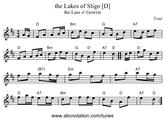 the Lakes of Sligo [D] - staff notation
