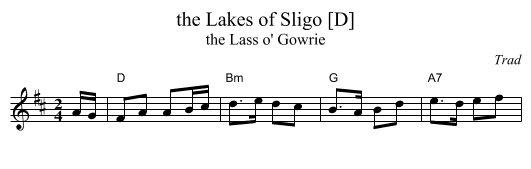 the Lakes of Sligo [D] - staff notation