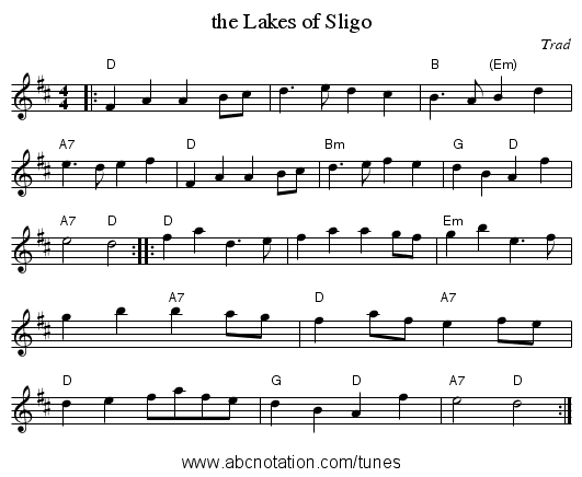 the Lakes of Sligo - staff notation