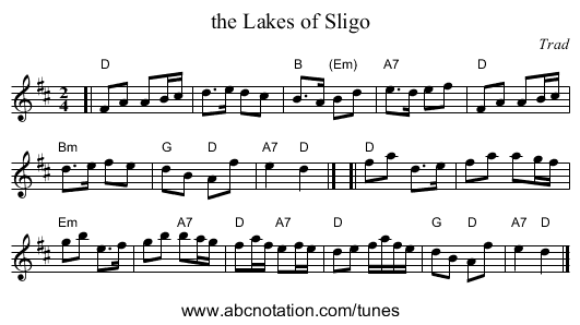 the Lakes of Sligo - staff notation