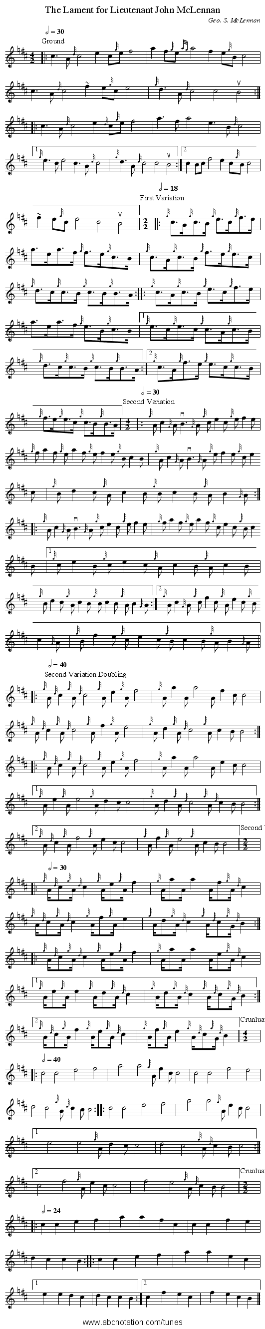The Lament for Lieutenant John McLennan - staff notation
