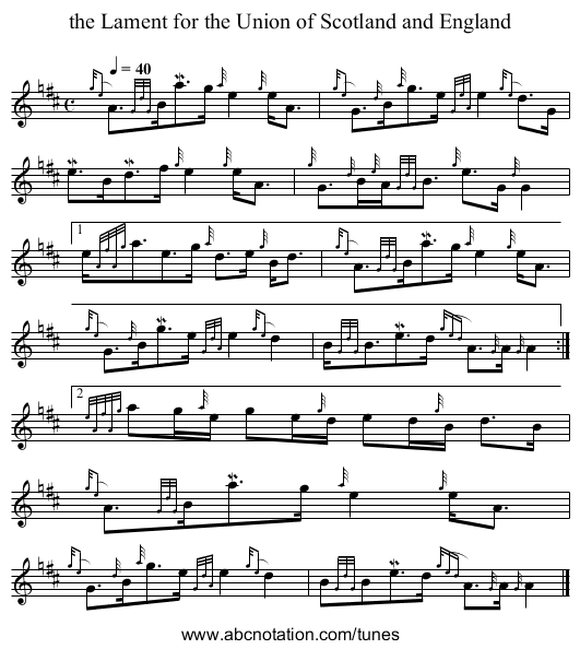 the Lament for the Union of Scotland and England - staff notation